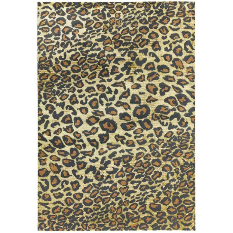 leopard print area rug with brown and black animal pattern on beige background