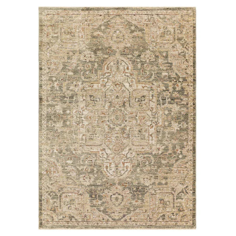 Beige and grey patterned area rug with intricate vintage-inspired design