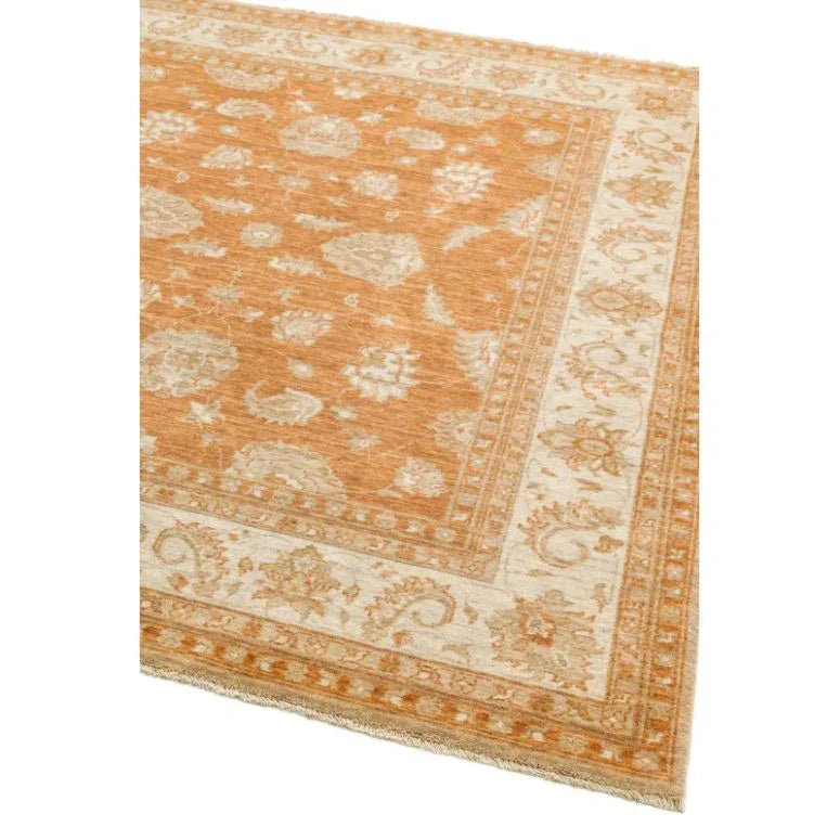 Traditional orange patterned area rug with cream floral border and corner detail