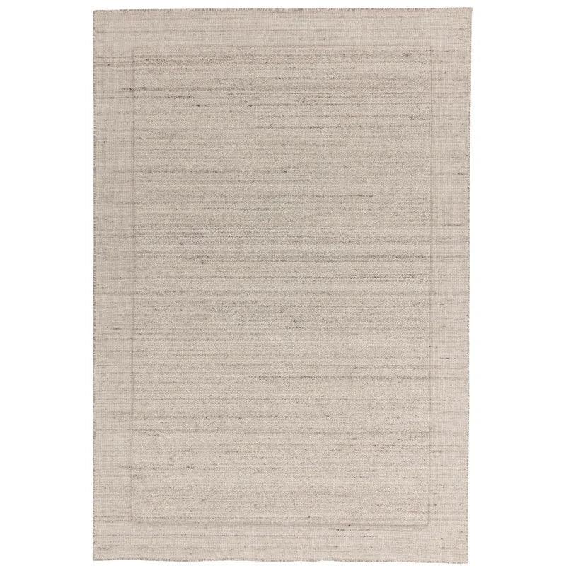 Beige area rug with subtle border detail and textured finish