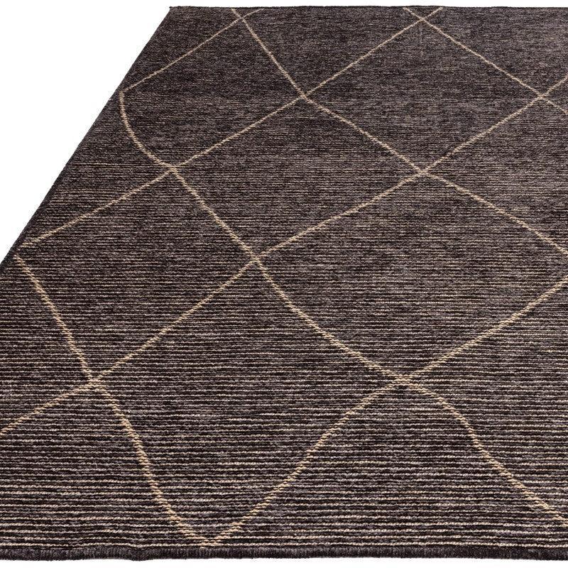 Dark grey area rug with subtle beige geometric line pattern and textured surface