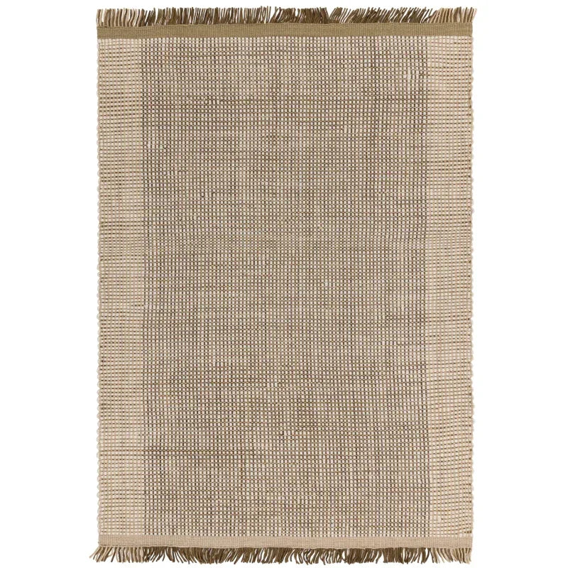 Beige woven area rug with textured pattern and fringe edges