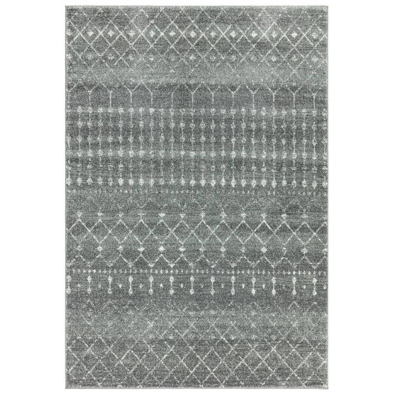 Grey area rug with geometric diamond and linear pattern for living room or bedroom decor
