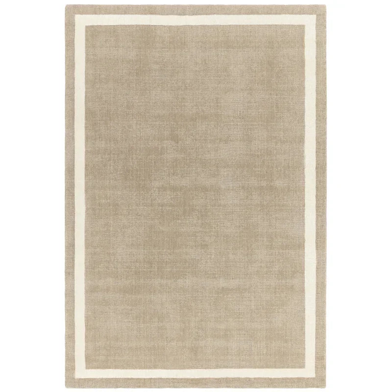 Beige area rug with simple white border and flatwoven texture