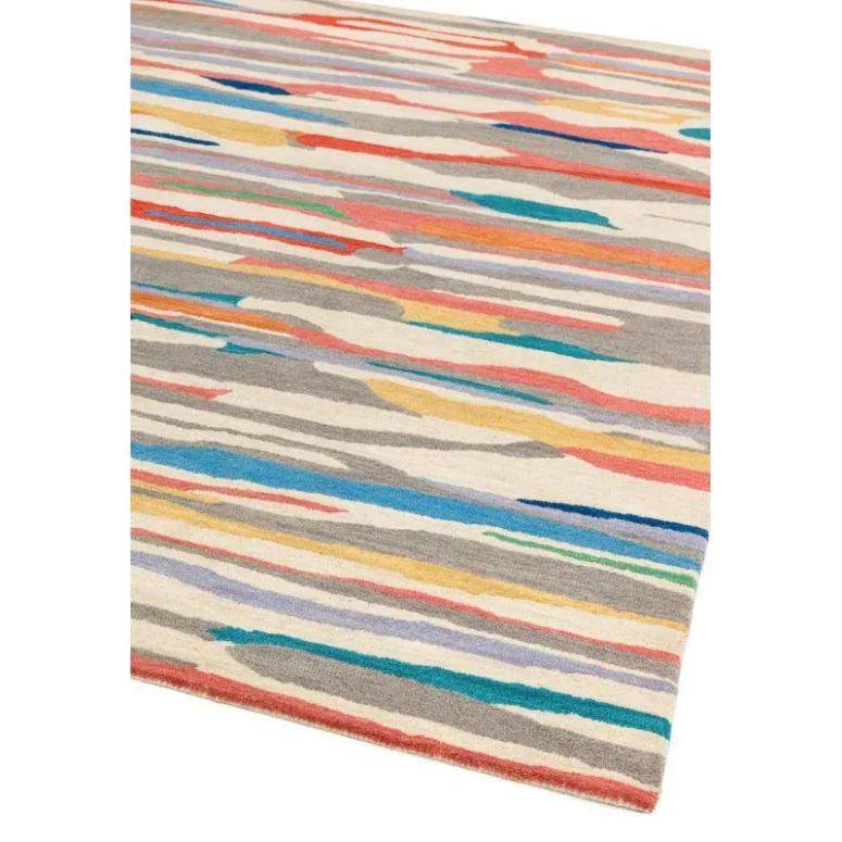 Multicolour abstract pattern rug with stripes in blue, orange, yellow, and grey on cream