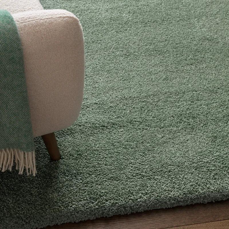 Green shaggy rug on wood floor beside cream fabric sofa with green throw blanket