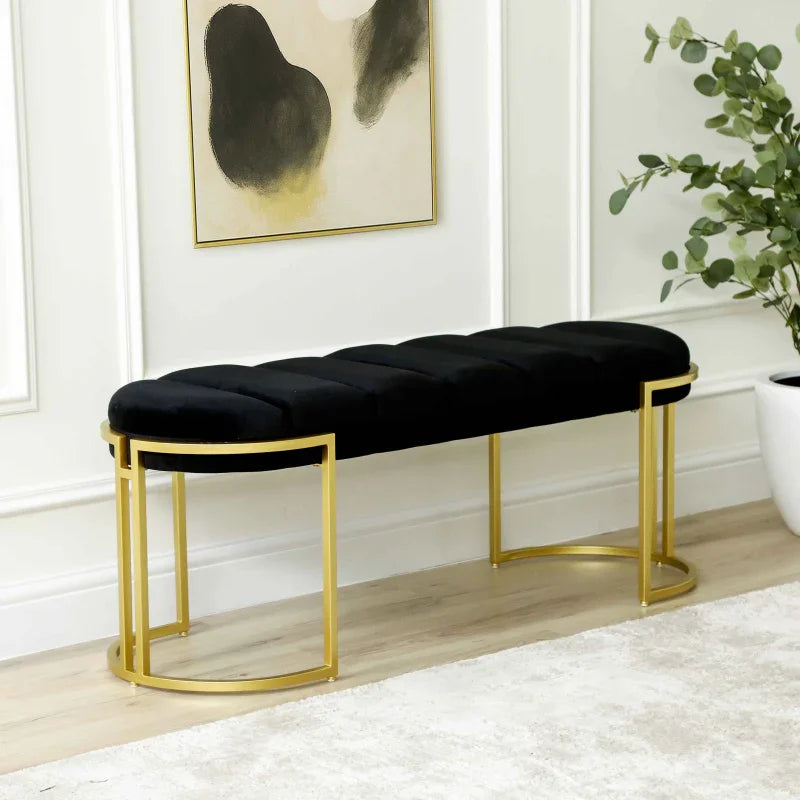 120cm Black Velvet Tufted Bench with Gold Legs