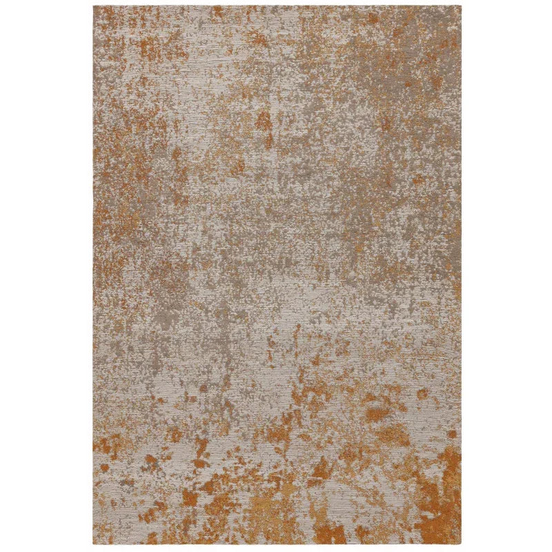 modern beige and rust area rug with abstract pattern