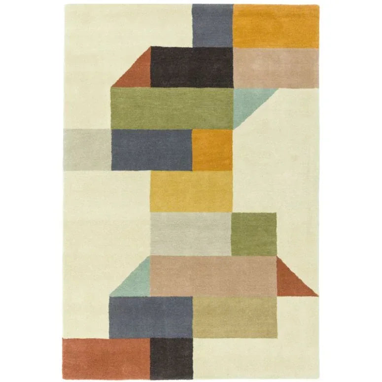 Modern geometric area rug with colorful rectangular and square patterns on cream background
