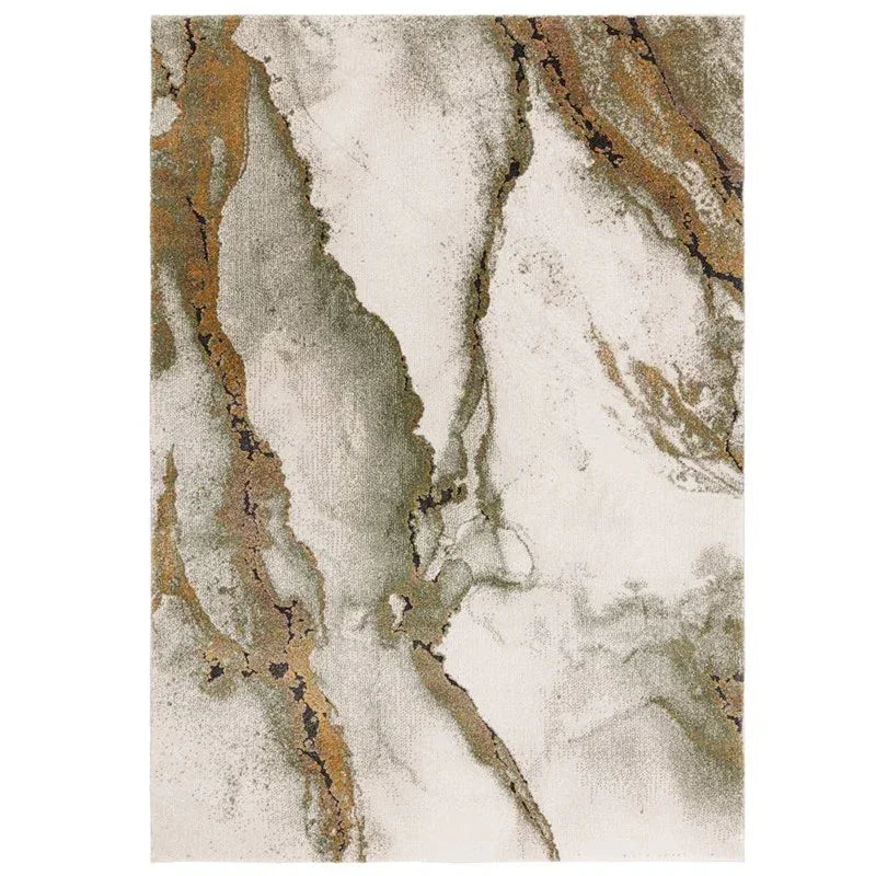 Modern area rug with marble effect in beige, green, and copper tones, top-down view