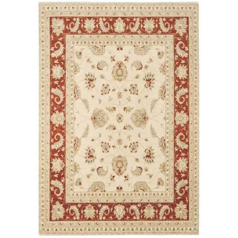 Traditional beige and red area rug with floral pattern and ornate border