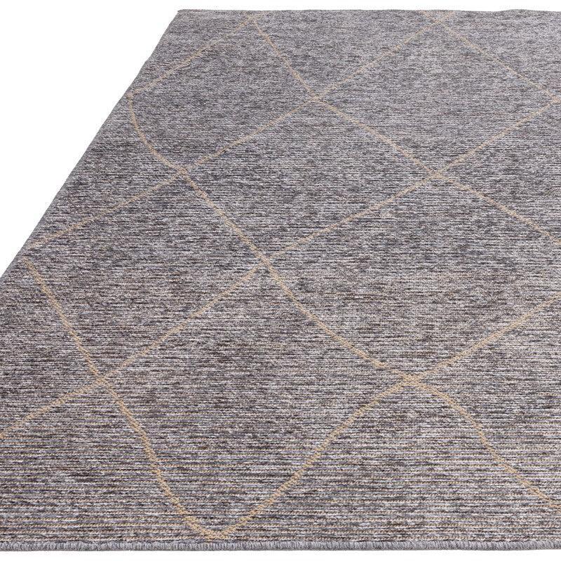 Grey area rug with subtle beige diamond pattern and textured weave