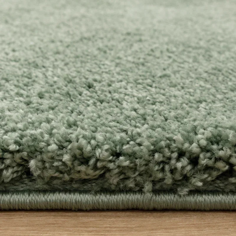 Close-up of sage green shaggy rug texture on wooden floor