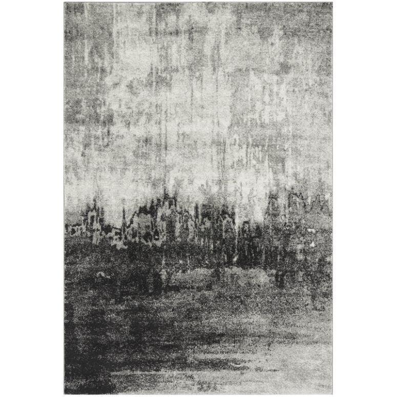 Contemporary grey area rug with abstract pattern and distressed texture