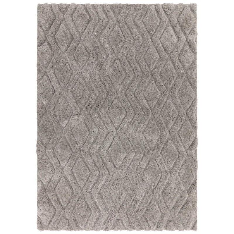 Grey shaggy rug with diamond geometric pattern and textured pile