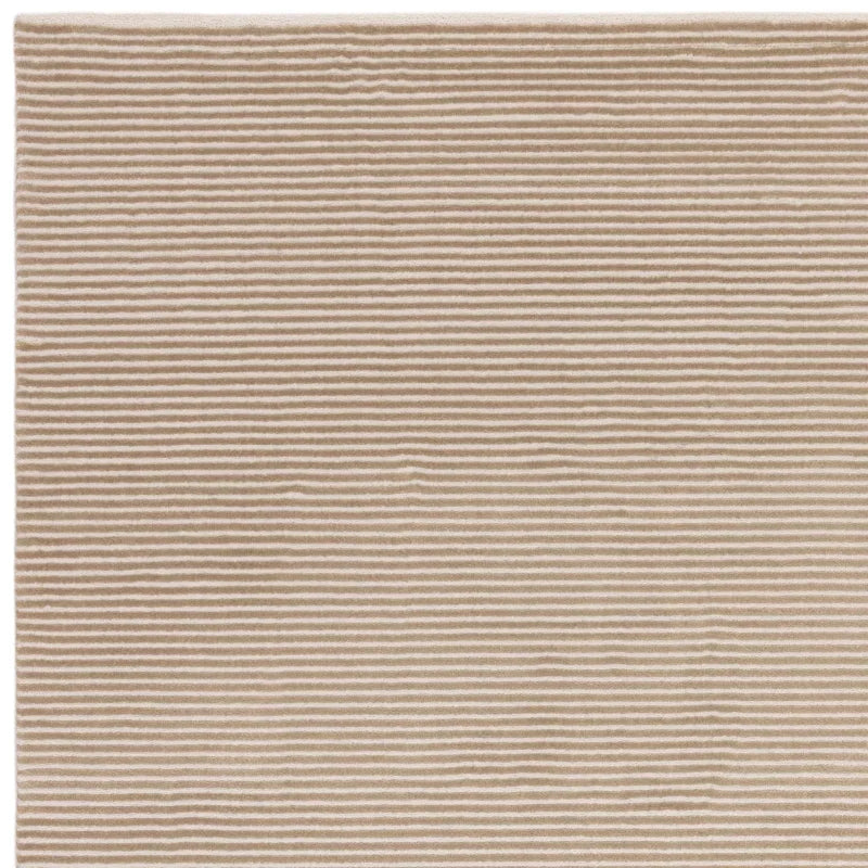 Beige textured area rug with linear stripe weave detail, top view