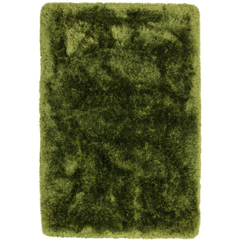 Green shaggy rug with thick pile and rectangular shape, top view