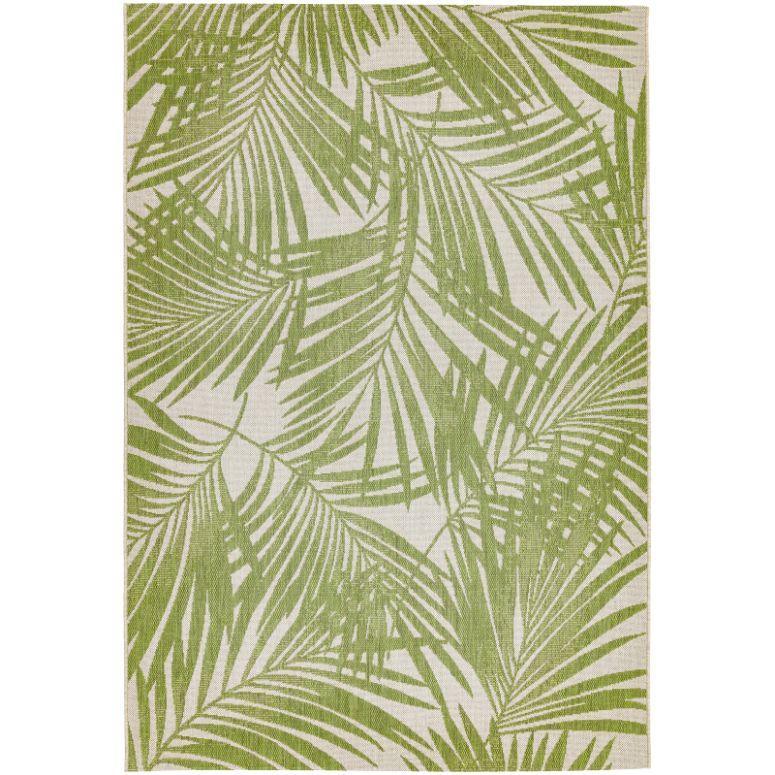 green palm leaf patterned rug with cream background, rectangular, indoor outdoor use