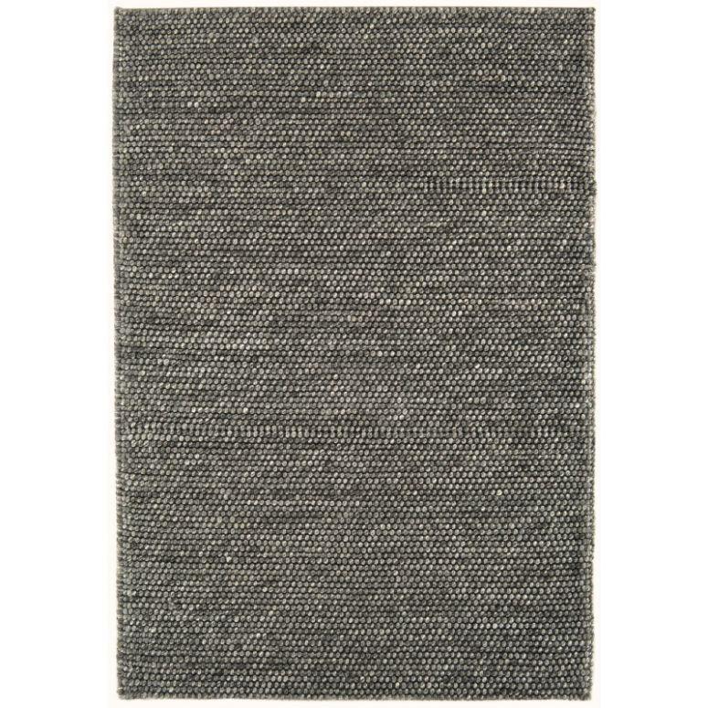 Grey woven area rug with textured wool pattern and rectangular shape