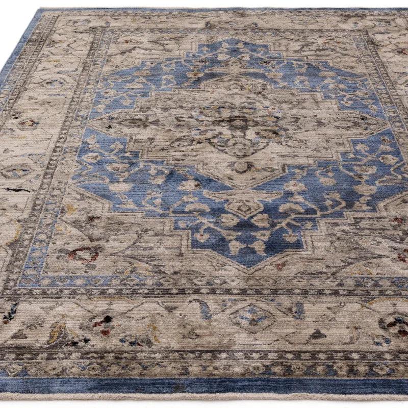 Blue and beige patterned area rug with traditional medallion and border detailing