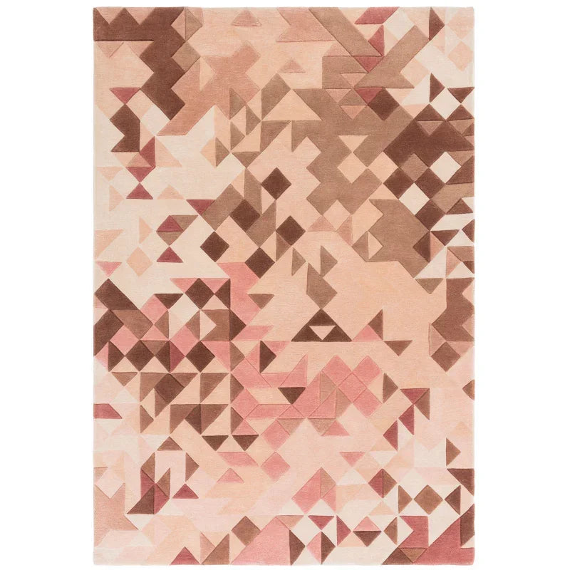 Geometric area rug with pink and brown abstract triangle pattern