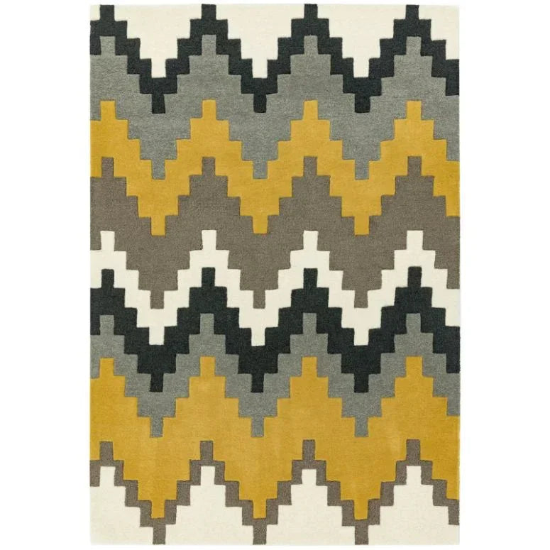 Modern area rug with yellow, grey, black and ivory zigzag geometric pattern