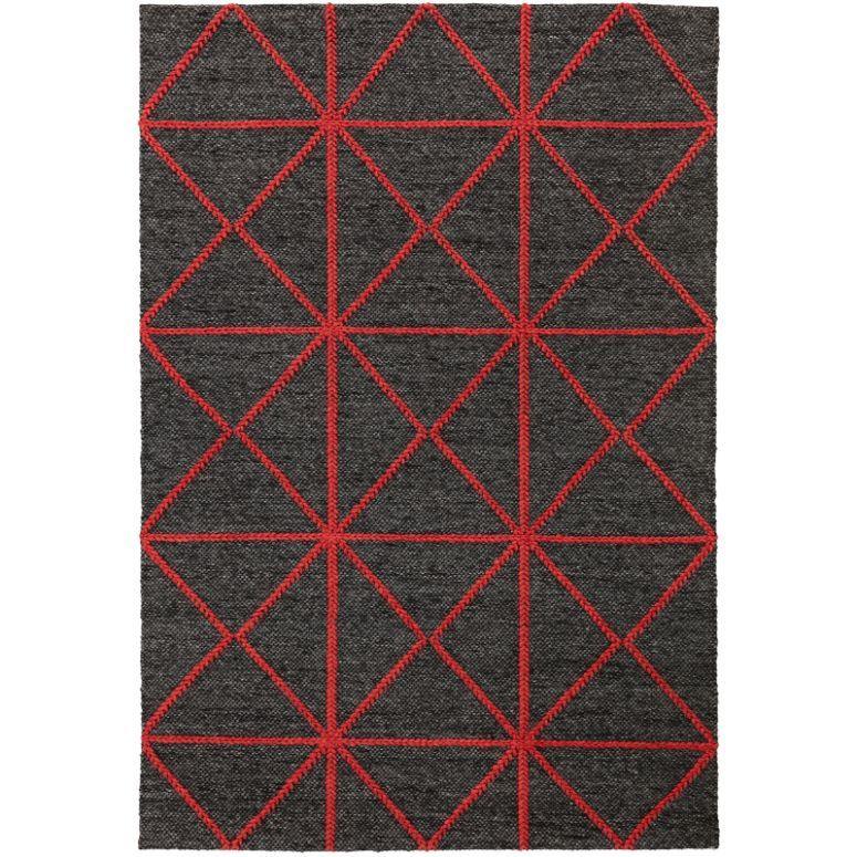 dark grey area rug with red geometric line pattern, modern home decor floor covering