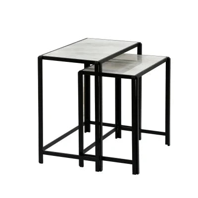 Set of 2 Black Metal Nesting Table with White Marble Top