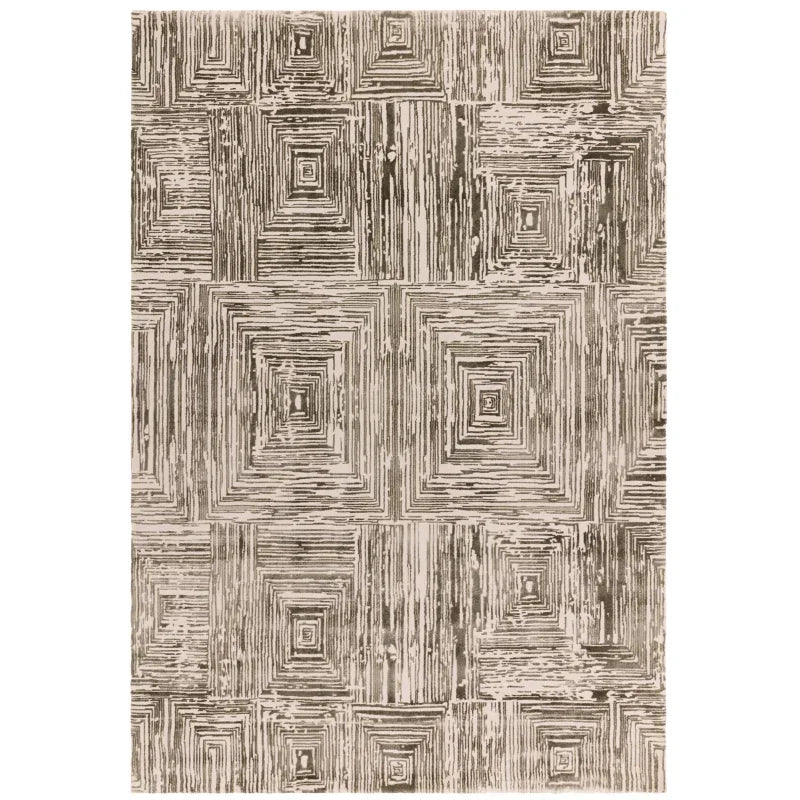 Beige area rug with geometric square pattern and textured wood grain design