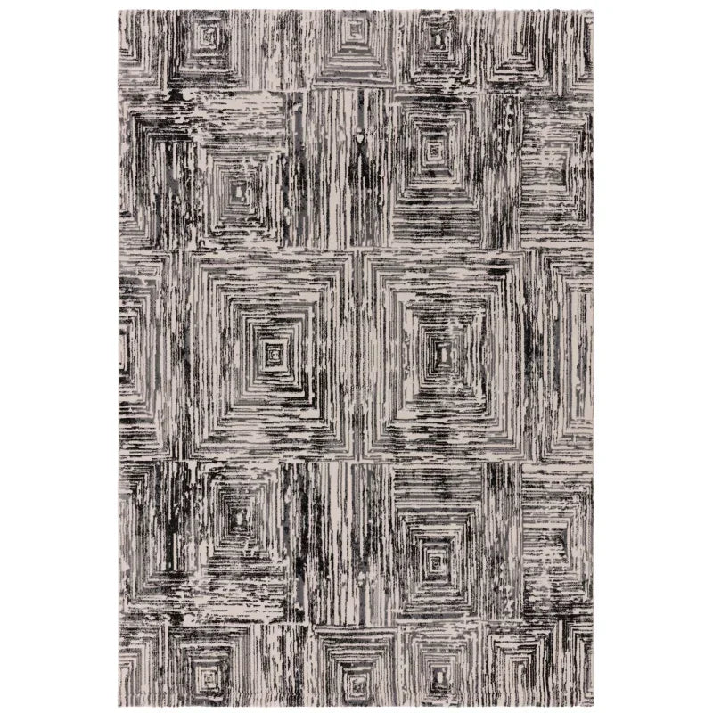 Modern area rug with grey geometric square pattern and textured lines