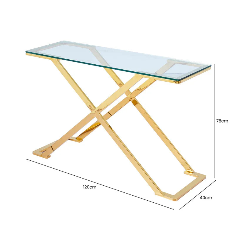 Axel Gold Metal Console Table with Clear Glass Top