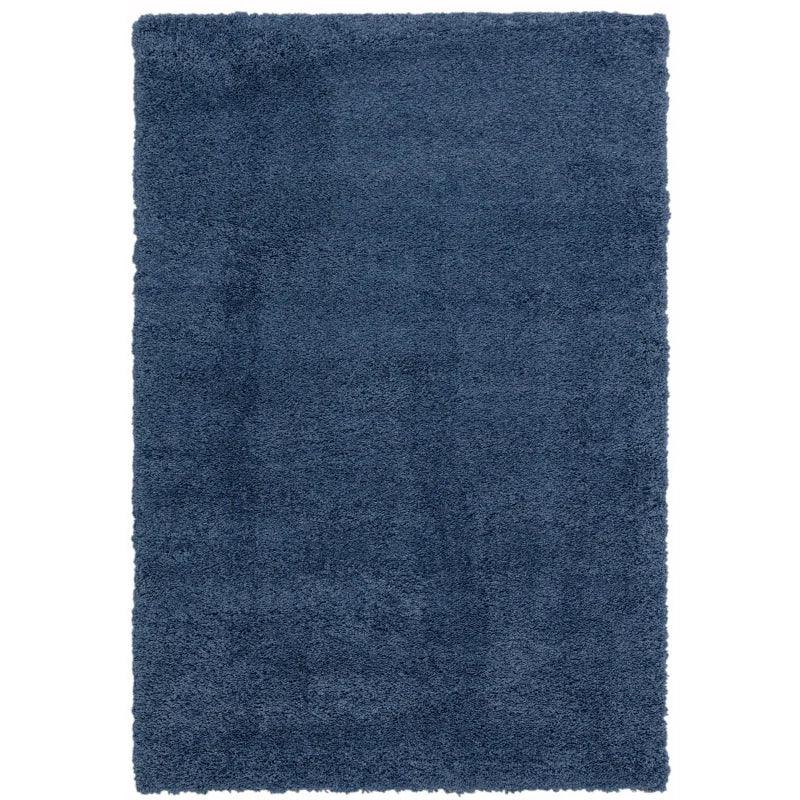 Blue shaggy area rug with soft texture and rectangular shape