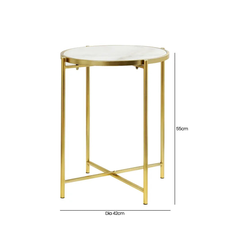 55cm Gold Metal End Table with White Marble Top