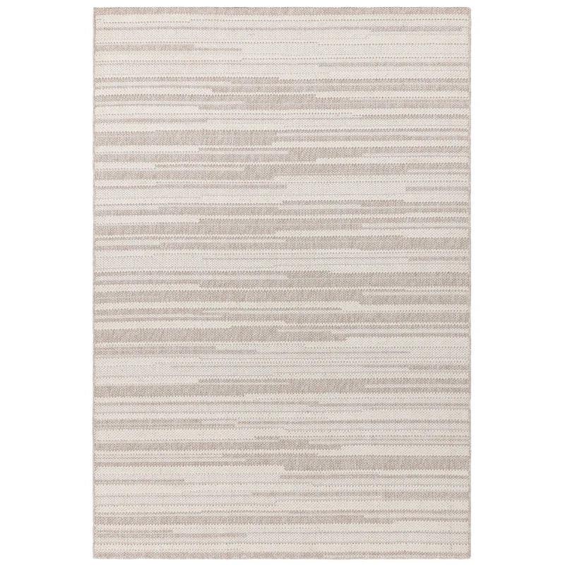 Beige striped area rug with textured pattern and flatwoven design