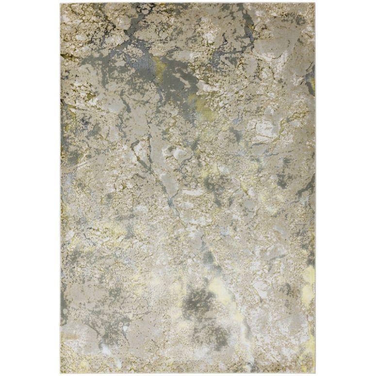 Modern abstract area rug with beige and grey tones and marbled pattern