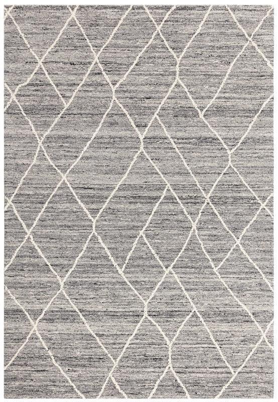 Grey area rug with white geometric diamond pattern and textured finish