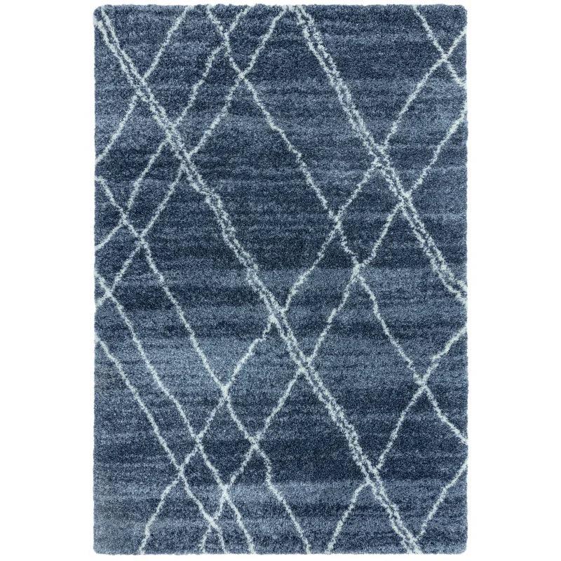 blue shaggy rug with white geometric diamond pattern, rectangular area rug