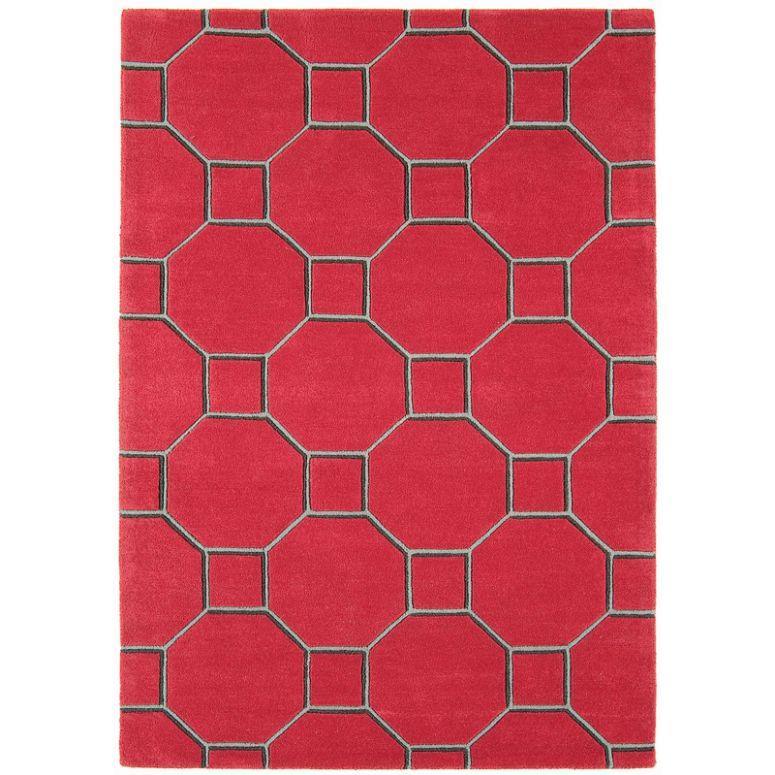 Red geometric area rug with octagon and square pattern, modern home decor accent