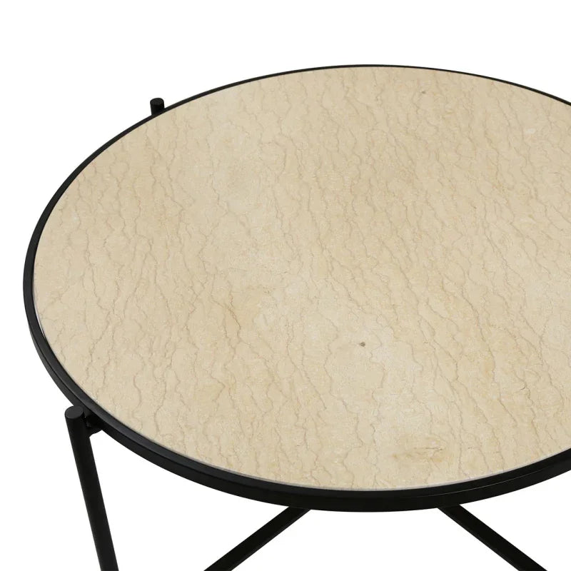 45cm Black Metal Coffee Table with Travertine Marble Top