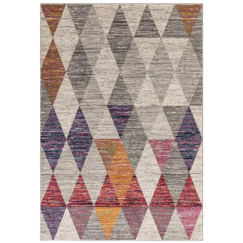 Geometric area rug with multicolour diamond pattern and grey background