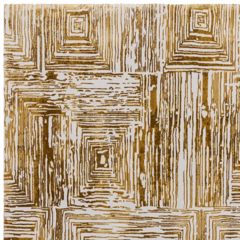 Modern gold and cream rug with geometric square pattern and textured lines