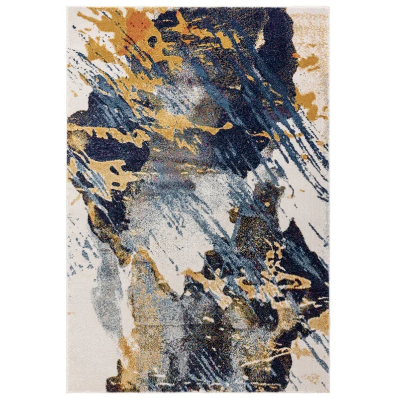 Abstract area rug with blue, gold, and cream brushstroke pattern on a neutral background