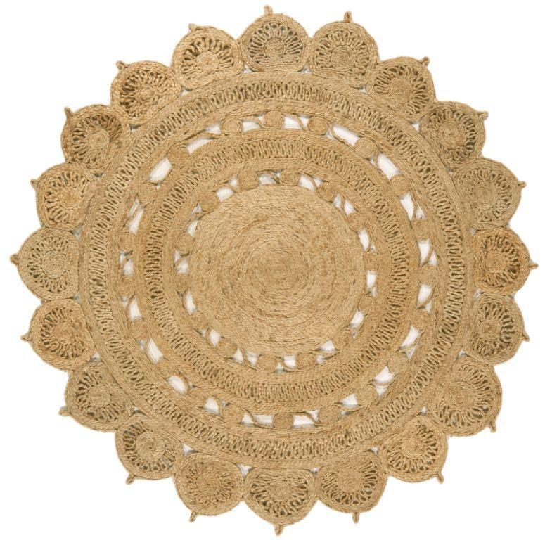 Round natural jute rug with intricate scalloped edge and woven pattern, top view