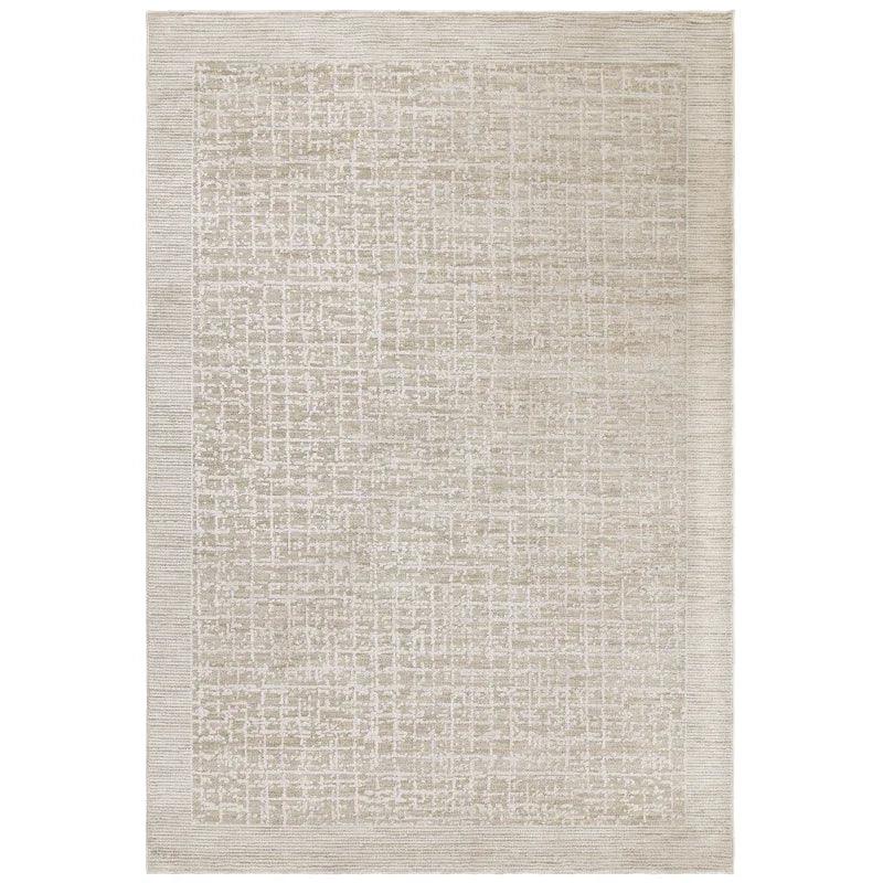 Beige area rug with subtle geometric pattern and textured border