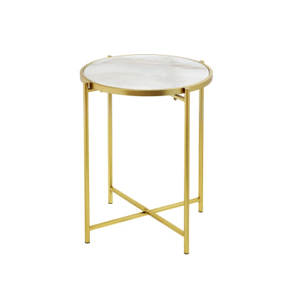 55cm Gold Metal End Table with White Marble Top