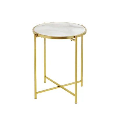 55cm Gold Metal End Table with White Marble Top
