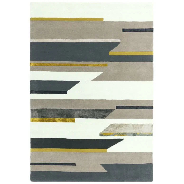 modern rug with geometric grey, beige and yellow abstract pattern