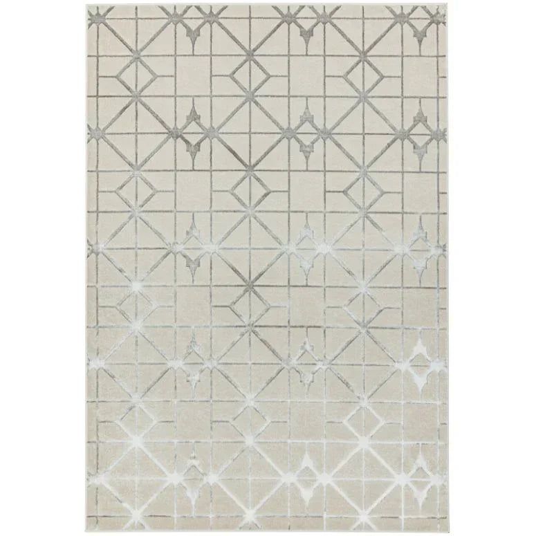 Beige area rug with geometric diamond lattice pattern in neutral tones