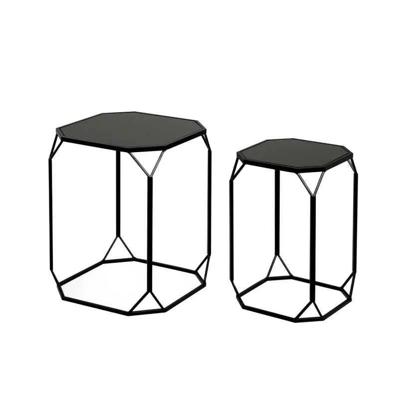 Set of 2 Black Metal Nesting Table with Black Mirror Top