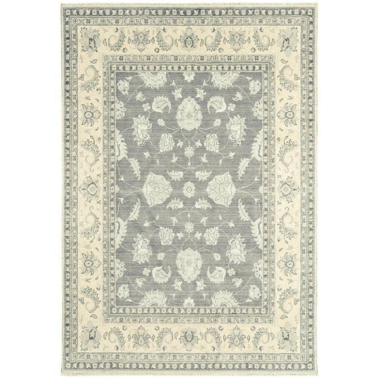 Grey and cream floral area rug with intricate border and vintage-inspired pattern